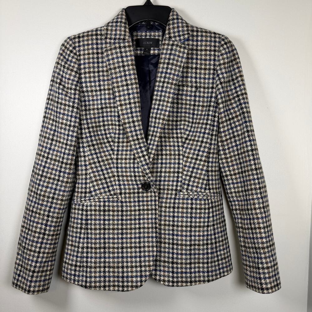 J Crew Campbell Blazer Houndstooth Moon Wool Elbow Patches Womens 0 Equestrian - Picture 5 of 13